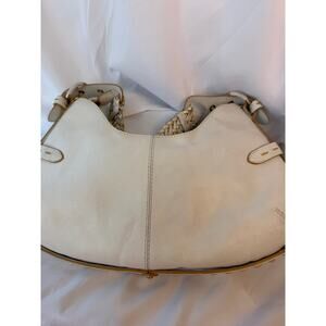 White Nappa Leather Hobo Shoulder Bag Braided Strap Gold Ring